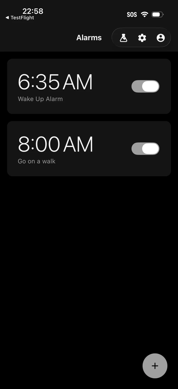 Alarms list showing two scheduled alarms