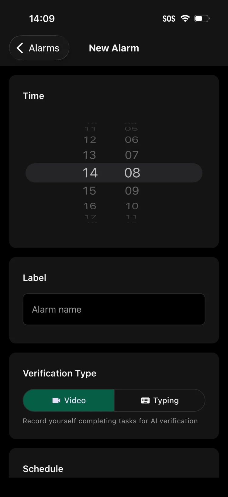 New Alarm screen with time picker and verification type